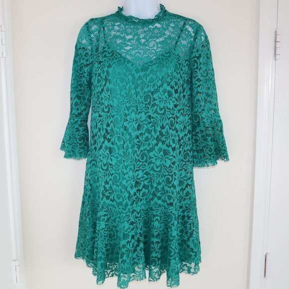 ZARA green lace flower Pattern lined dress XS - Picture 2 of 12